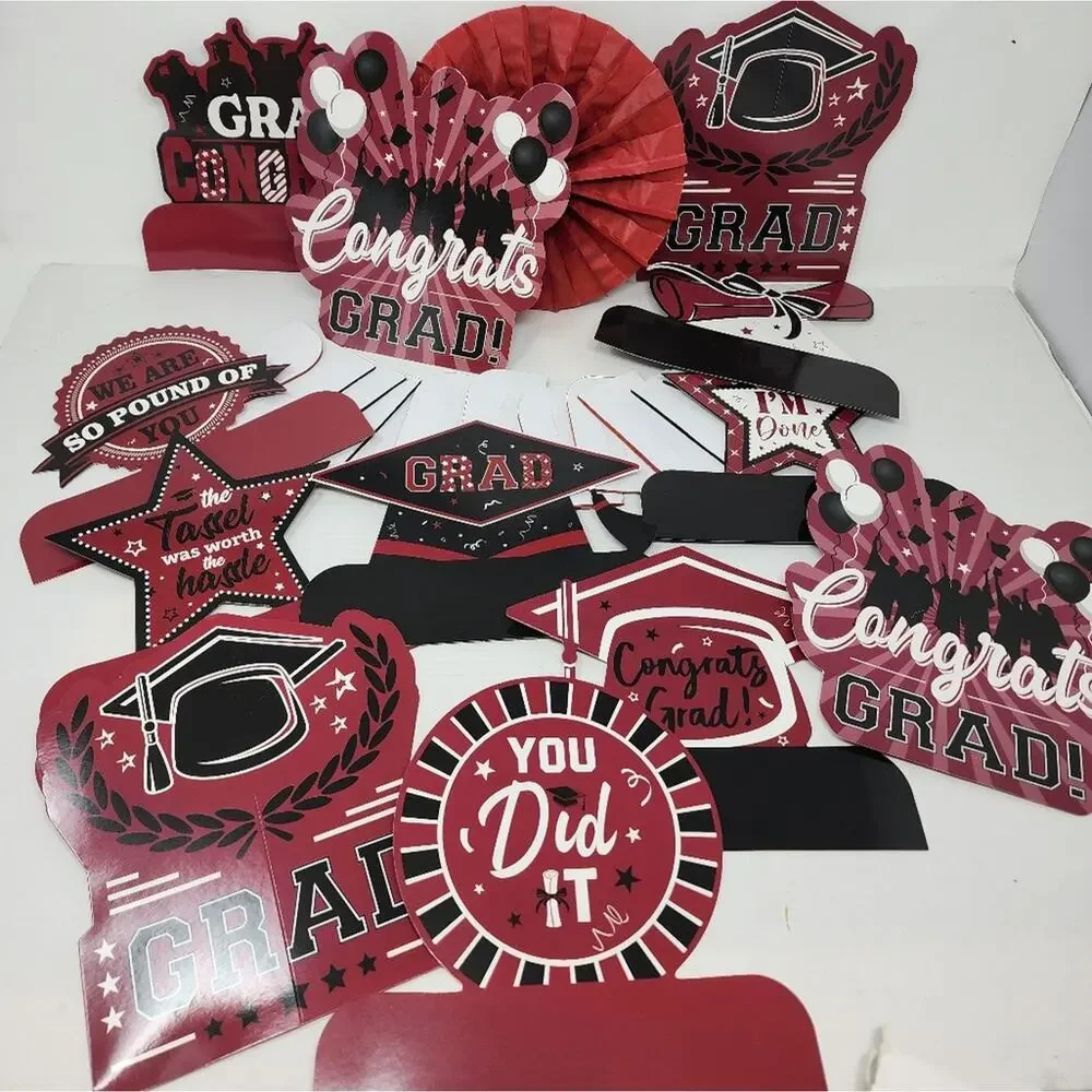 Graduation 12 pc Table‎ Toppers Guys Girls Red Black Grad Party Decoration New